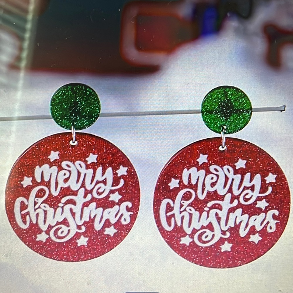 Round shape merry Christmas dangle earrings